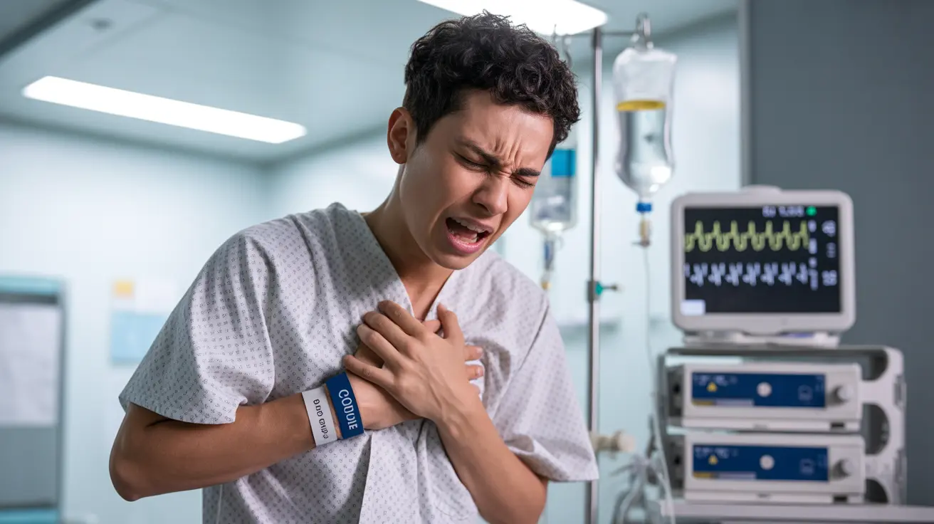 Detailed illustration of a person experiencing a severe coughing episode, showing distress and difficulty breathing, in a neutral clinical setting with medical equipment in the background