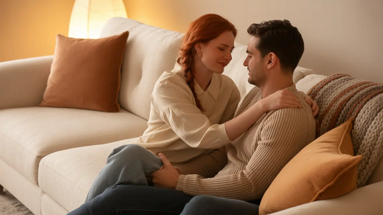 Couple sitting together in a cozy living room, engaged in mindful touch exercises, displaying relaxed expressions and a sense of connection