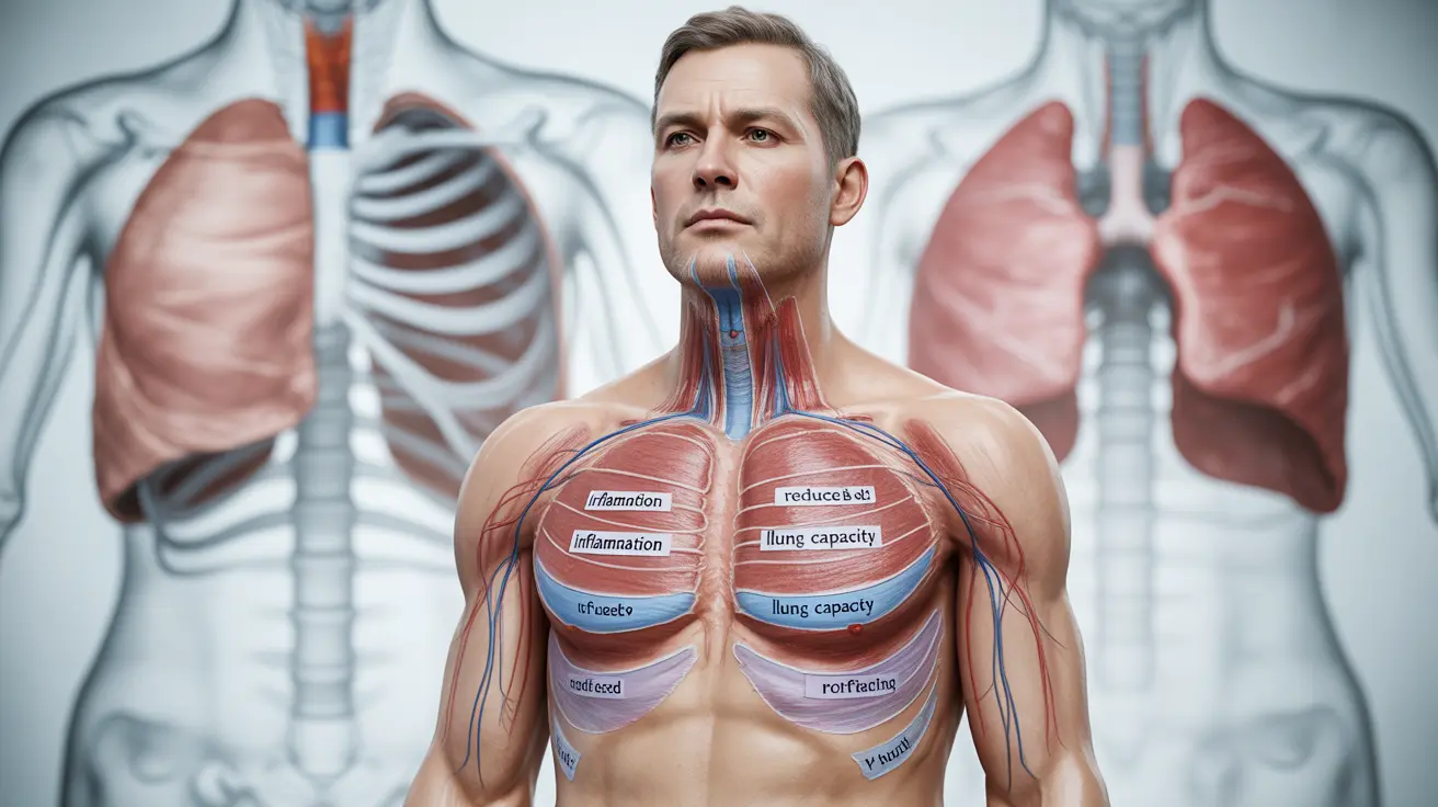 Detailed illustration of a human chest highlighting areas of discomfort related to COVID-19 chest tightness, with labeled characteristic features.