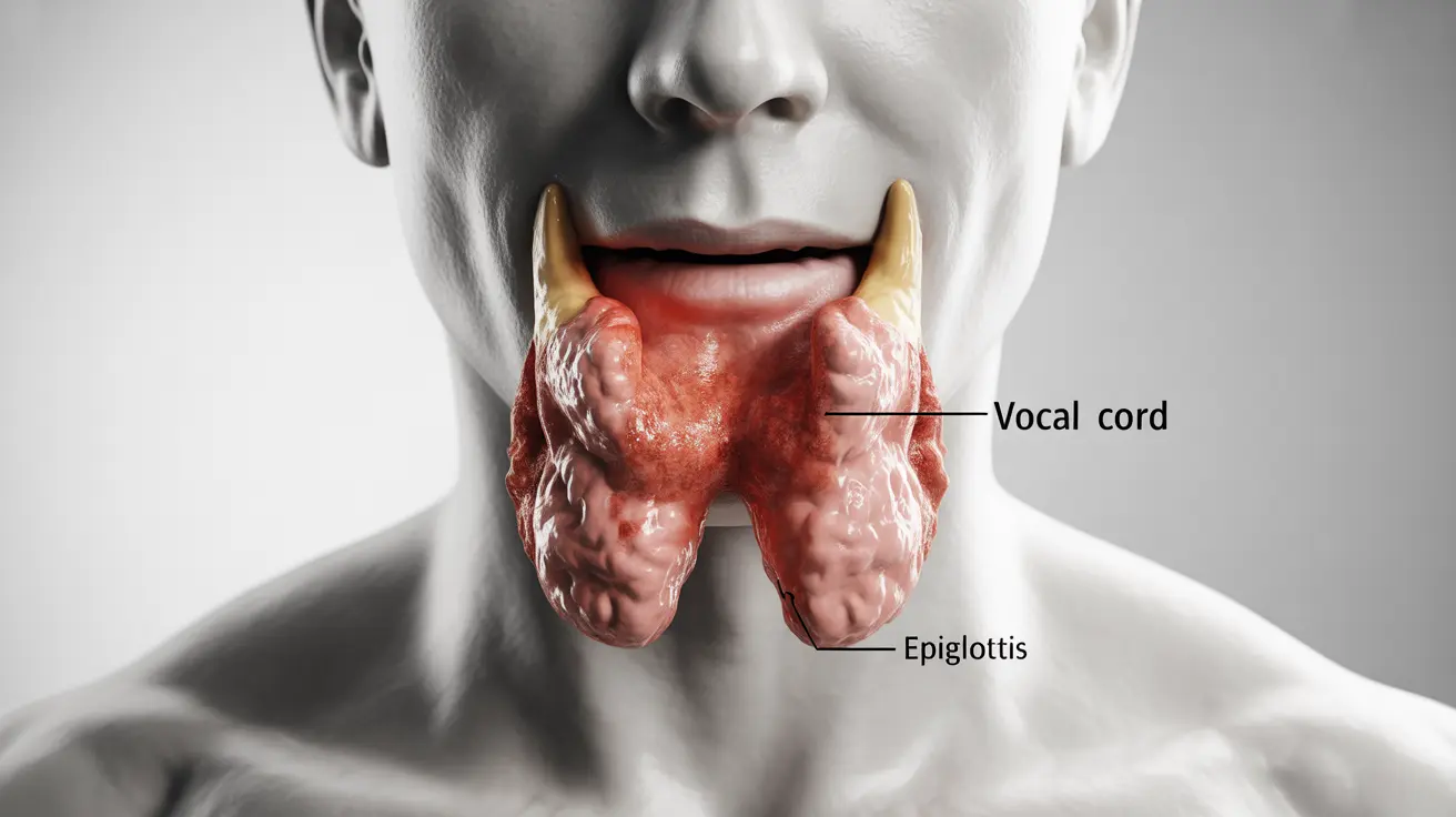 Detailed anatomical illustration of human larynx and vocal cords showing irritation and inflammation due to COVID-19, emphasizing anatomical accuracy with labeled parts in clinical style