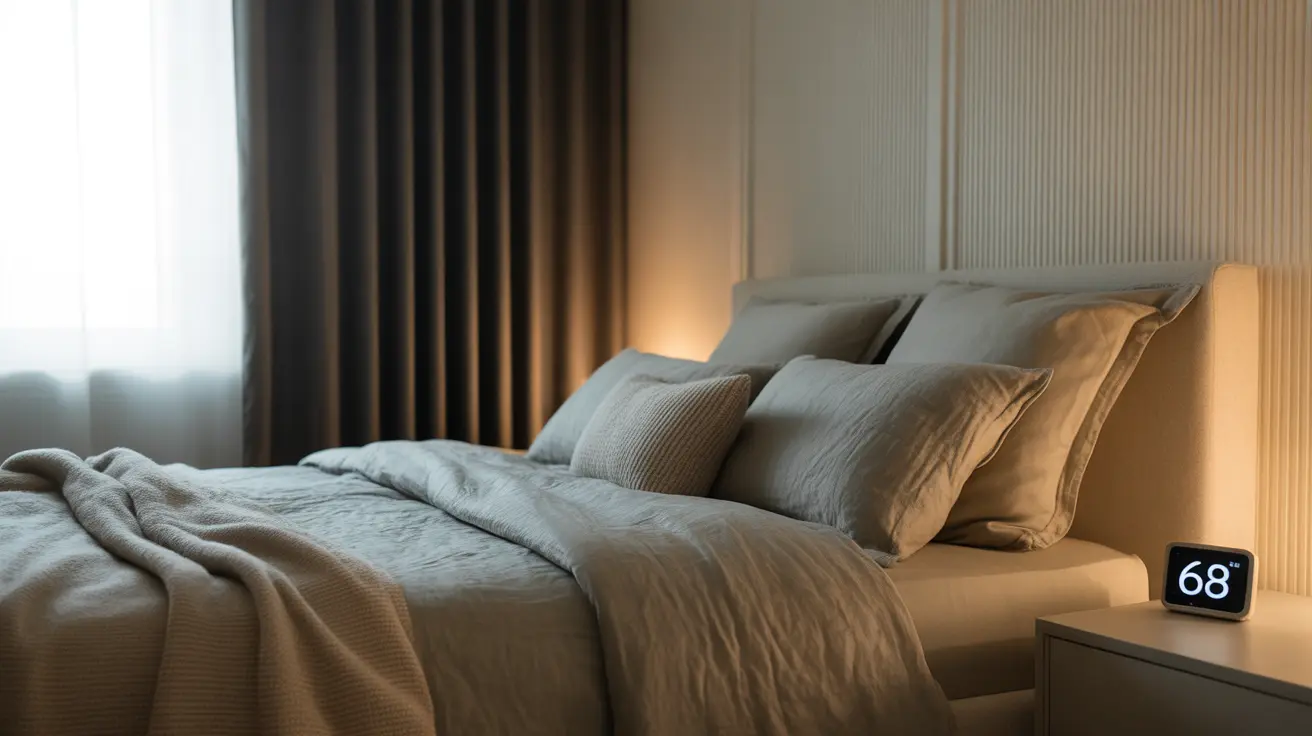 Detailed illustration of a cozy bedroom designed for optimal sleep, featuring soft, warm lighting, a cool room temperature thermometer, blackout curtains, and elements for noise reduction.