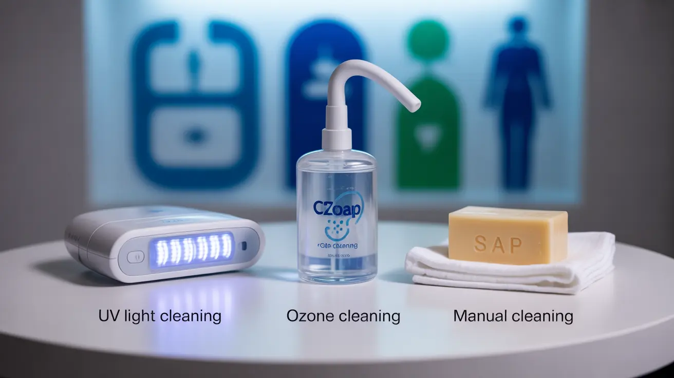 Detailed illustration of UV light cleaner, ozone-based CPAP cleaner, and manual cleaning with soap in a health-focused setting