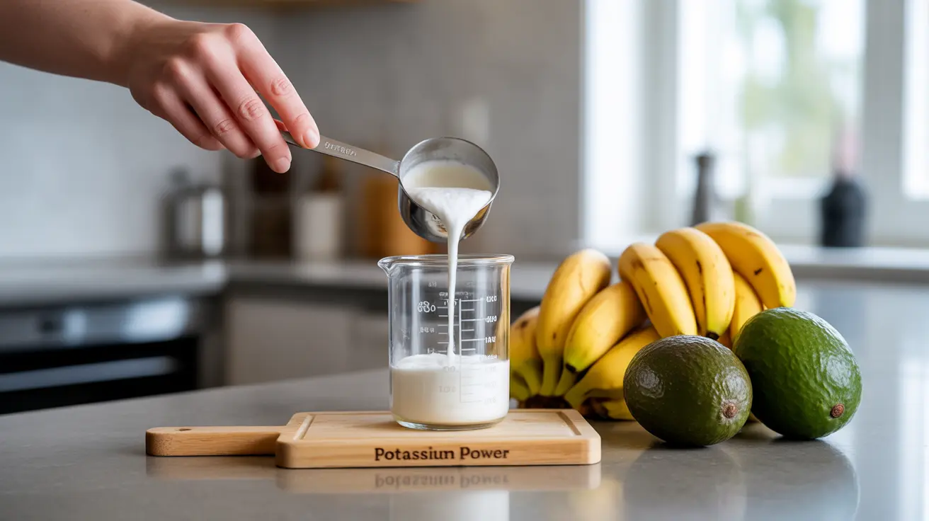 Detailed illustration on modern kitchen counter with cream of tartar being poured into a glass, surrounded by bananas and avocados, highlighting health benefits.