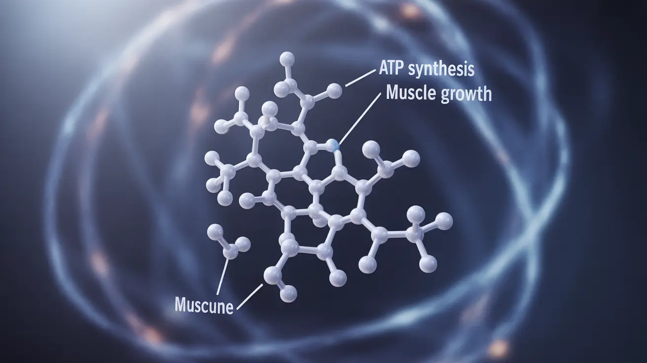 Detailed illustration of creatine molecular structure with annotations, set against an abstract scientific background; bright, clear lighting; informative and educational.