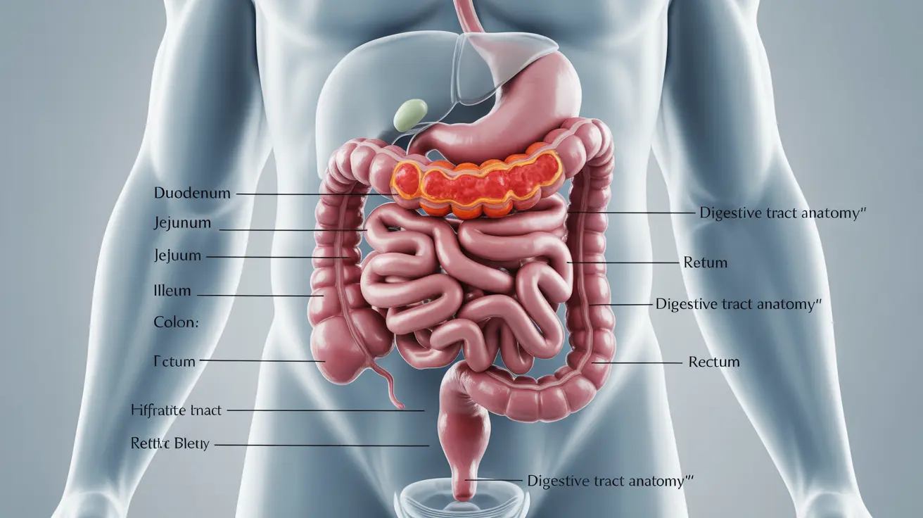 Illustration of the human digestive tract with highlighted inflammation in early Crohn's disease, clinical background