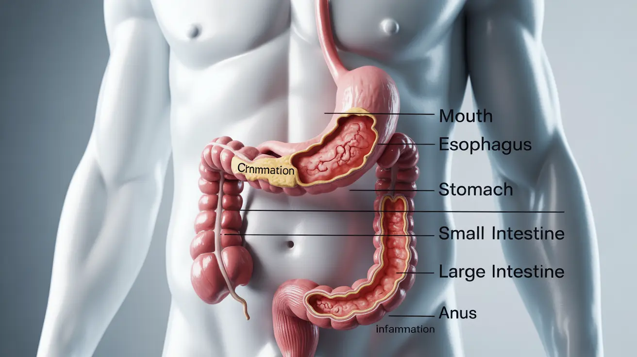 Detailed illustration of human digestive tract with highlighted inflammation in Crohn's disease, including labeled organs on white background