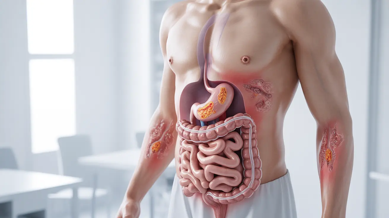 Detailed illustration showing human figure with labeled skin areas affected by hidradenitis suppurativa and Crohn's disease on neutral background