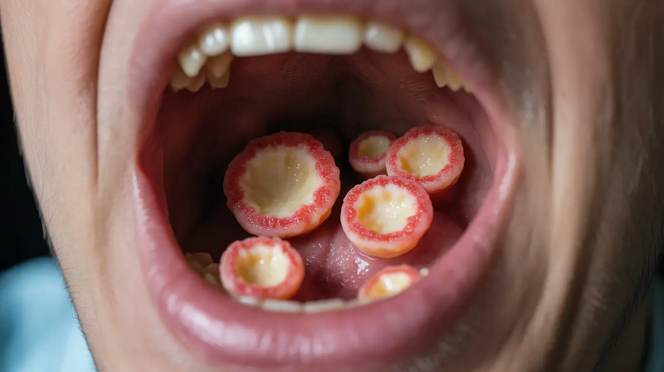 Detailed illustration inside a mouth showing Crohn's disease-related aphthous ulcers with accurate depiction of ulcers, bright clinical lighting