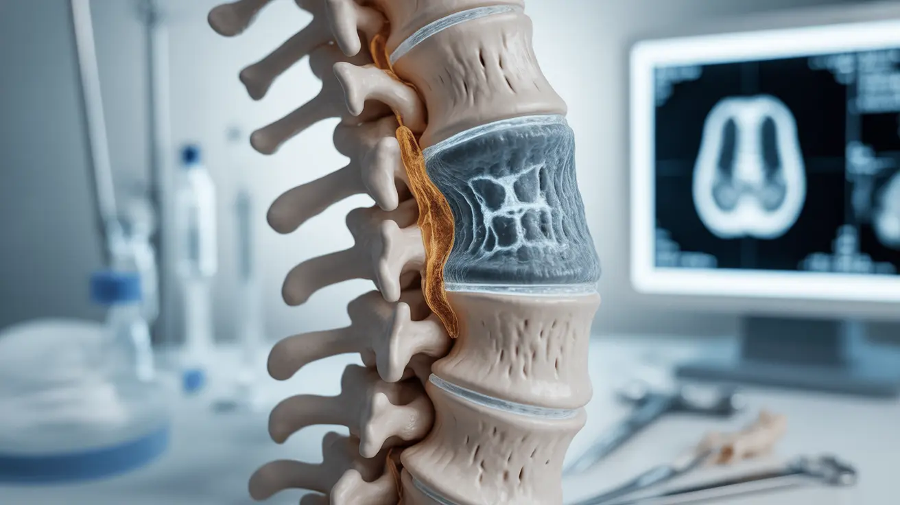 Cross-sectional view of a human spine with CT scan imagery, highlighting bone structures and potential pain sources such as herniated discs and bone spurs, set in a clinical environment.