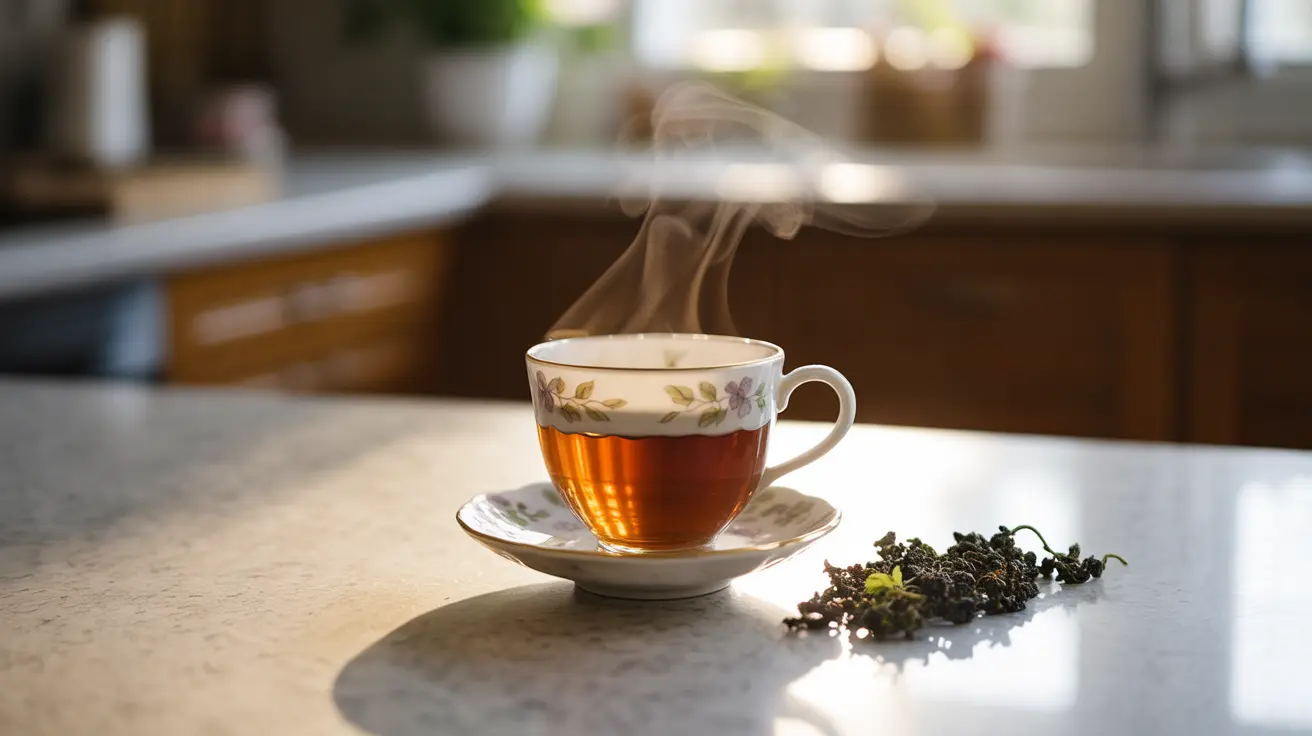Medium shot of a cup of freshly brewed oolong tea on a bright kitchen counter, with vibrant green tea leaves nearby and warm natural light.