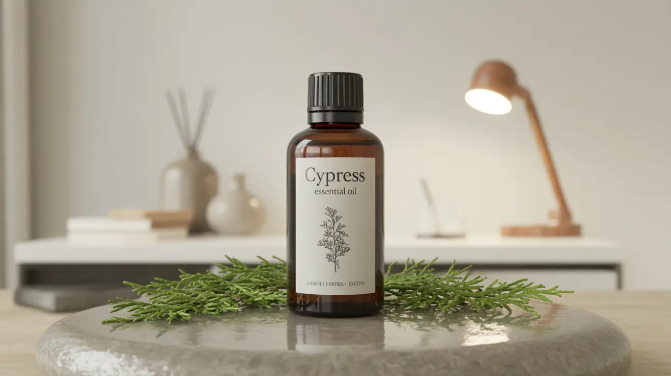 Detailed illustration of a cypress essential oil bottle with fresh cypress leaves around it, set in a bright, clean aromatherapy workspace.