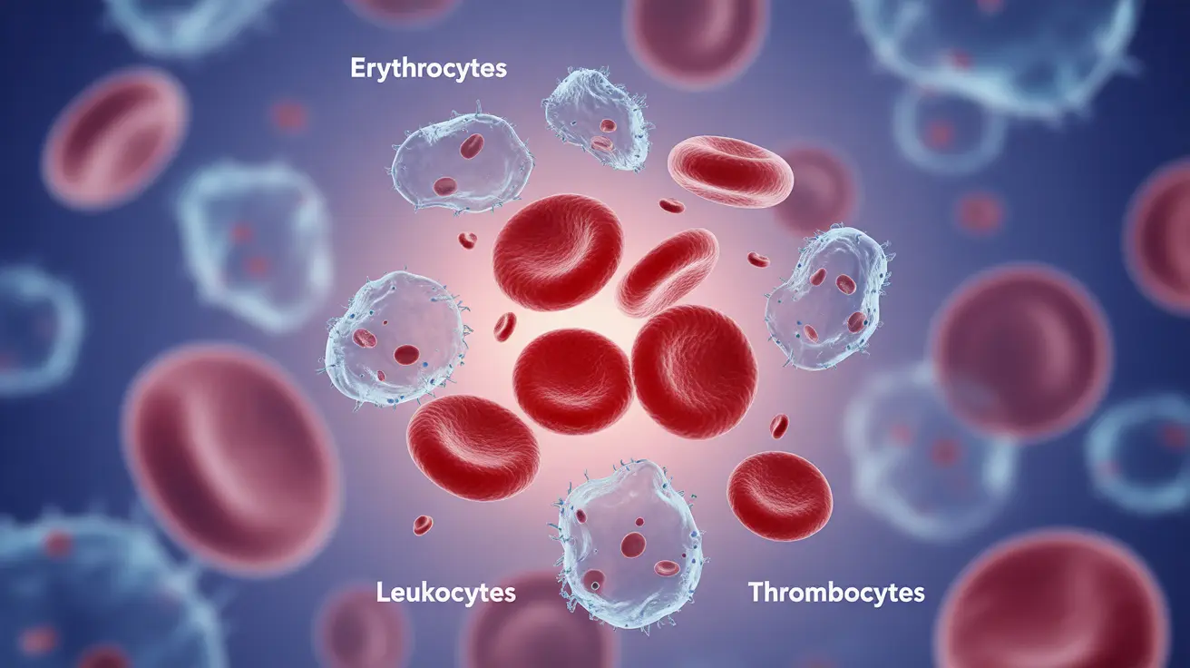 Detailed illustration of red blood cells, white blood cells, and platelets with annotations on a microscopic view background