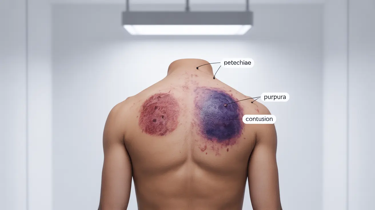 Detailed illustration showing a human body with detailed depictions of normal bruises, petechiae, and purpura, labeled and annotated for educational purposes.