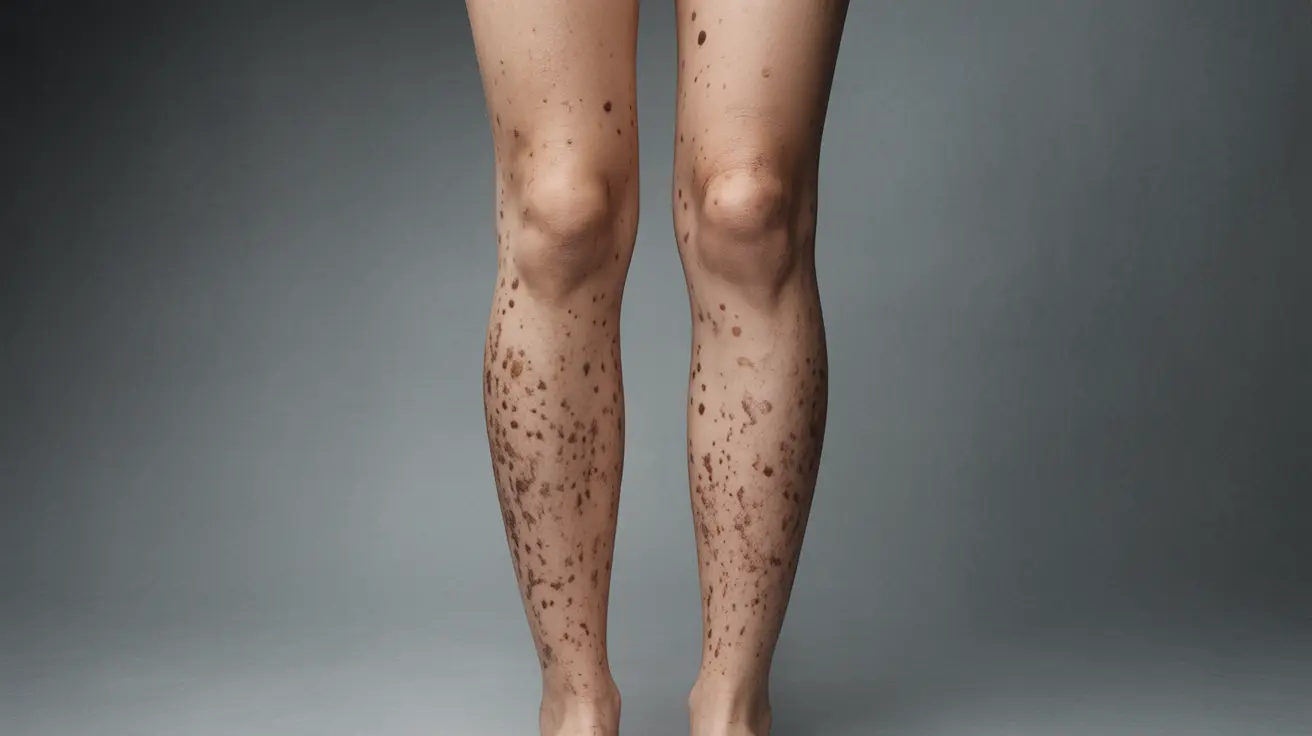 Close-up of legs with various dark spots against neutral backdrop, showcasing skin texture and color variations
