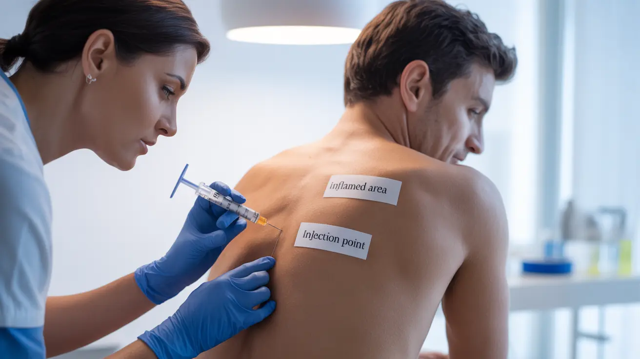 Healthcare professional administering Decadron injection to patient’s back, clinical setting, highlighting precision and care