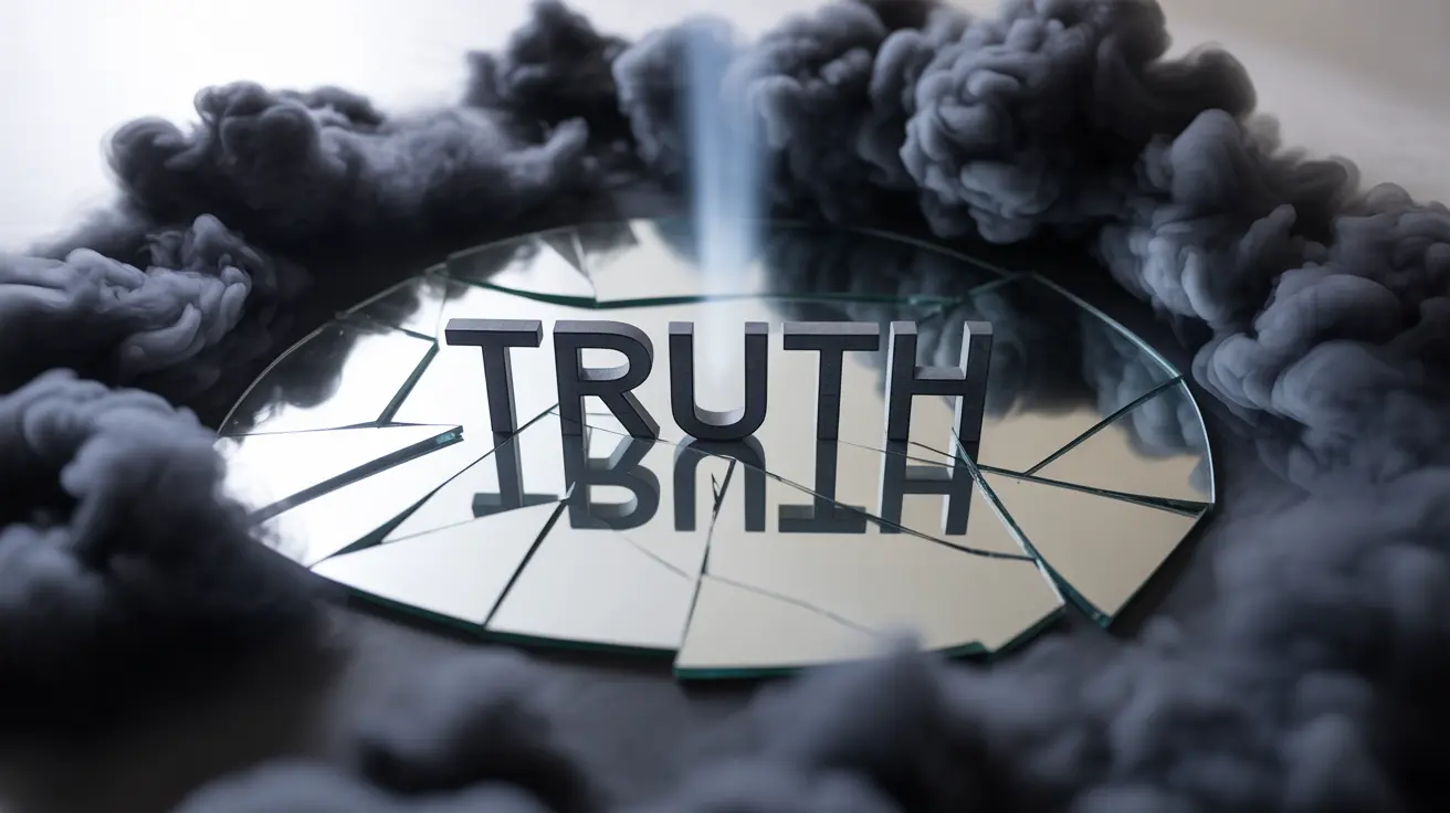 Abstract representation of tension between deception and reality with fragmented and blurred elements symbolizing lies and sharp, clear elements for truth in contrasting black and white tones.
