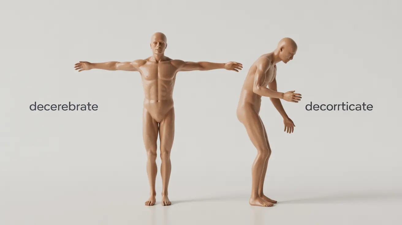 Detailed illustration, two figures demonstrating decerebrate and decorticate posturing, emphasizing distinct arm and leg positions, educational style