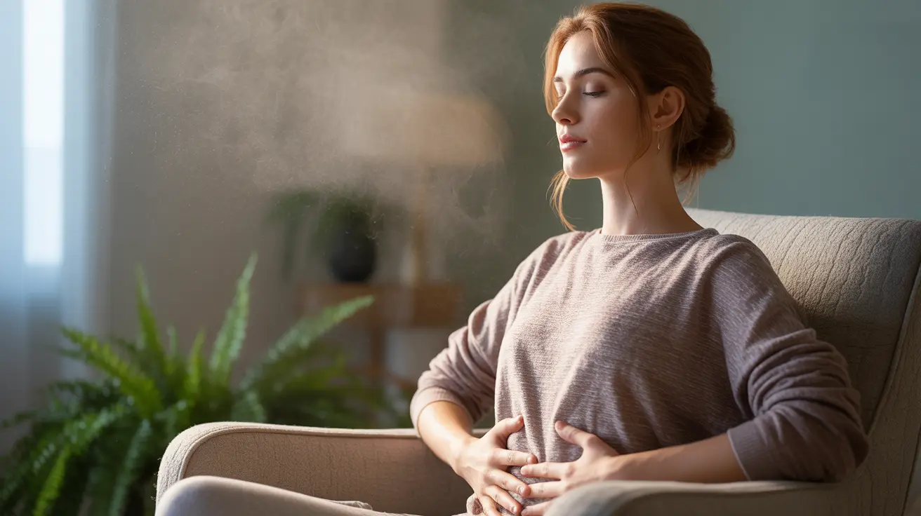 Detailed illustration of a human figure practicing deep breathing exercises in a serene indoor environment with soft warm lighting.