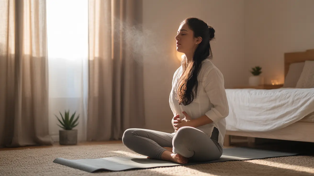 Close-up shot of a person practicing deep breathing exercises on a yoga mat in a cozy bedroom with sunlight streaming through the window