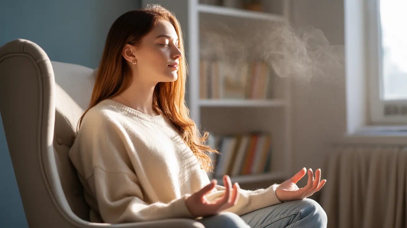 Person practicing deep breathing exercises in a quiet indoor setting, with soft warm lighting and a calm expression.