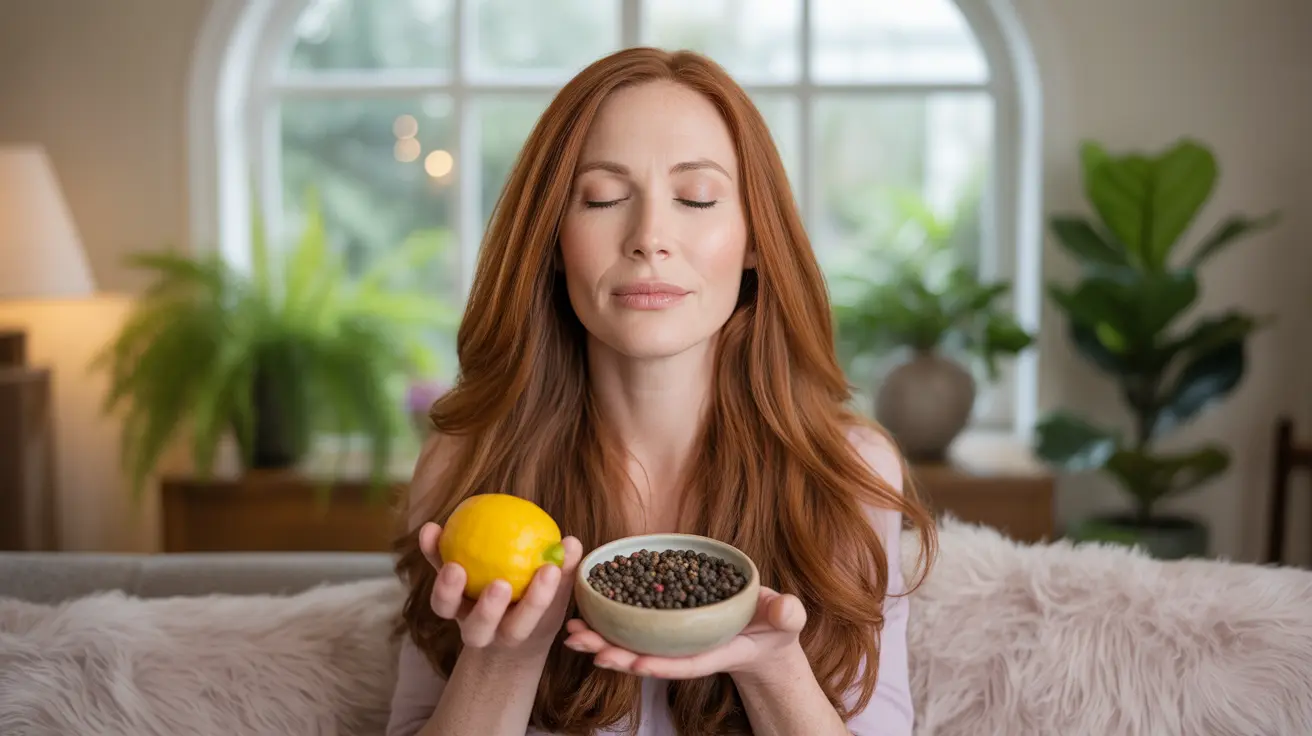 Person on couch practicing deep breathing, holding a lemon and black peppercorns, with a peaceful expression in a cozy living room.