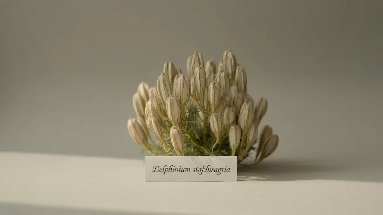 Detailed illustration of Delphinium staphisagria seeds, labeled for educational purposes, on a neutral backdrop