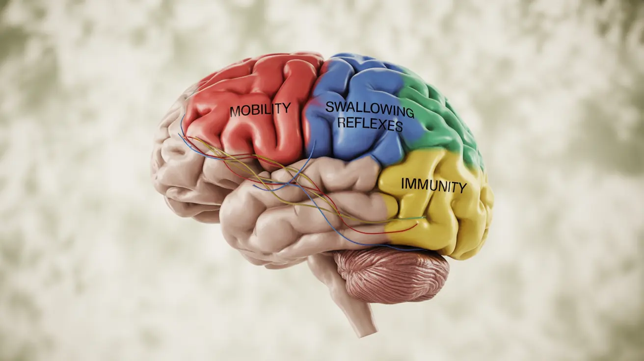 Illustration of brain areas affected by dementia, labeled sections showing mobility, swallowing, immunity impacts