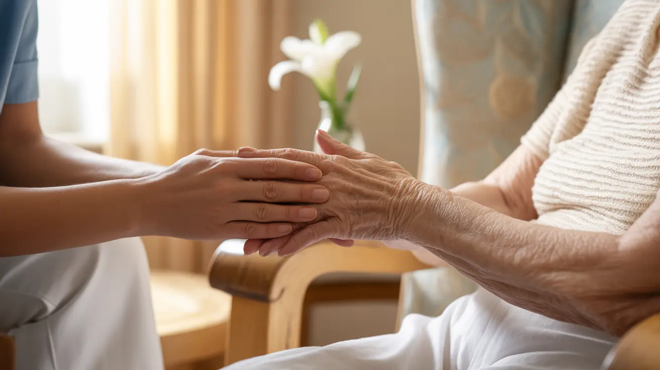 Healthcare professional moisturizing hands of elderly dementia patient in warm, caring room setting