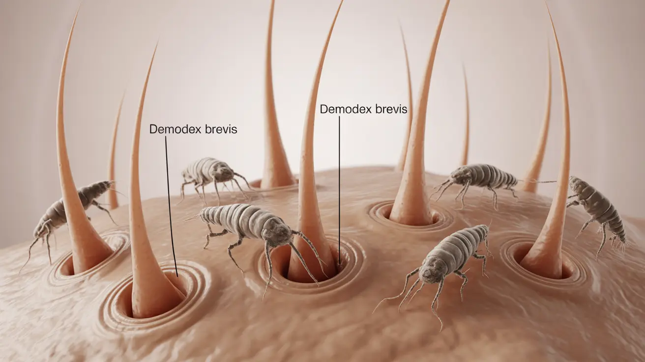 Microscopic view of Demodex brevis mites in hair follicles, clear labels, educational illustration