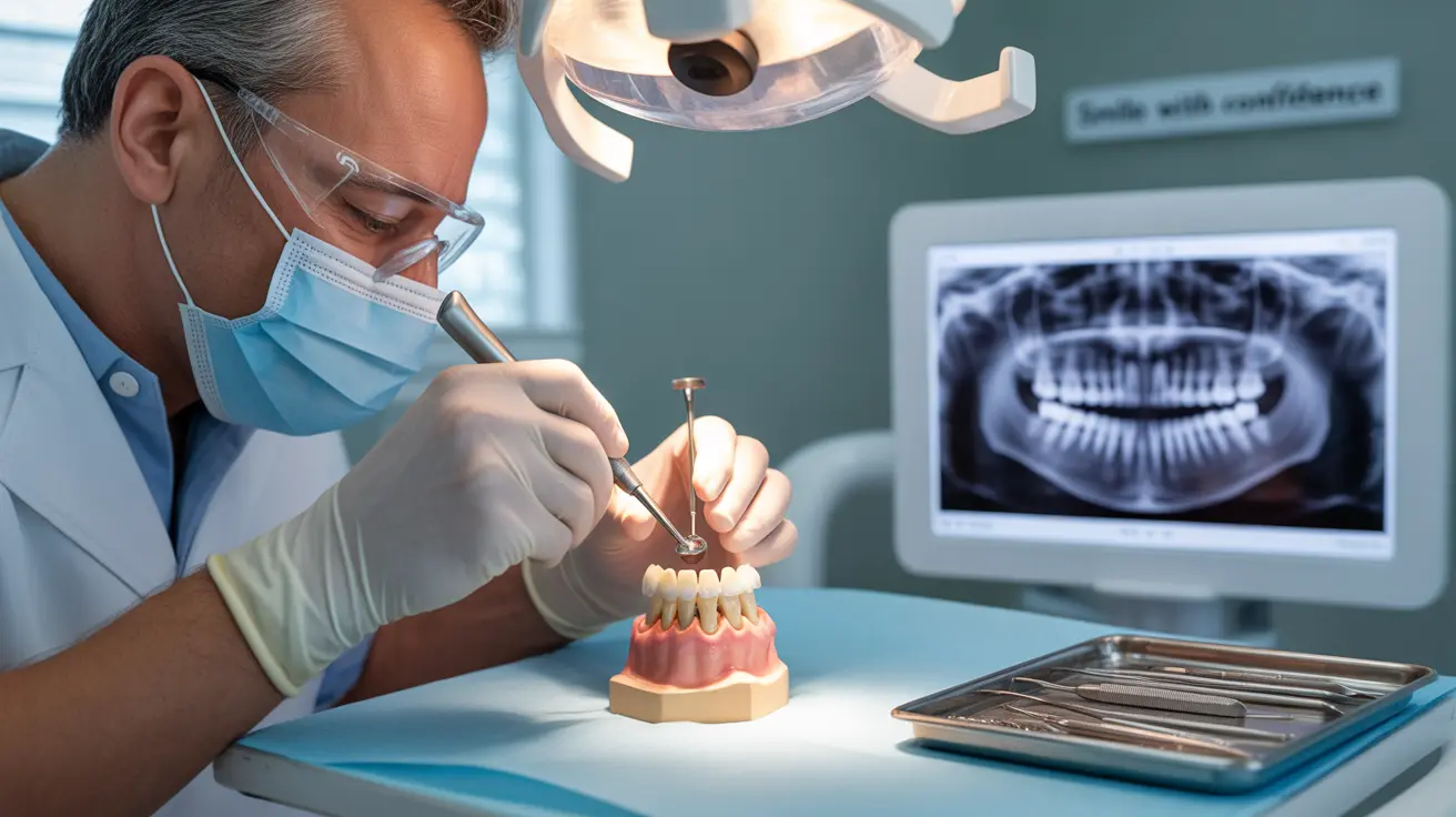 Detailed illustration of a dentist using dental tools to place a cemented crown on a prepared tooth in a bright clinical environment, conveying support.