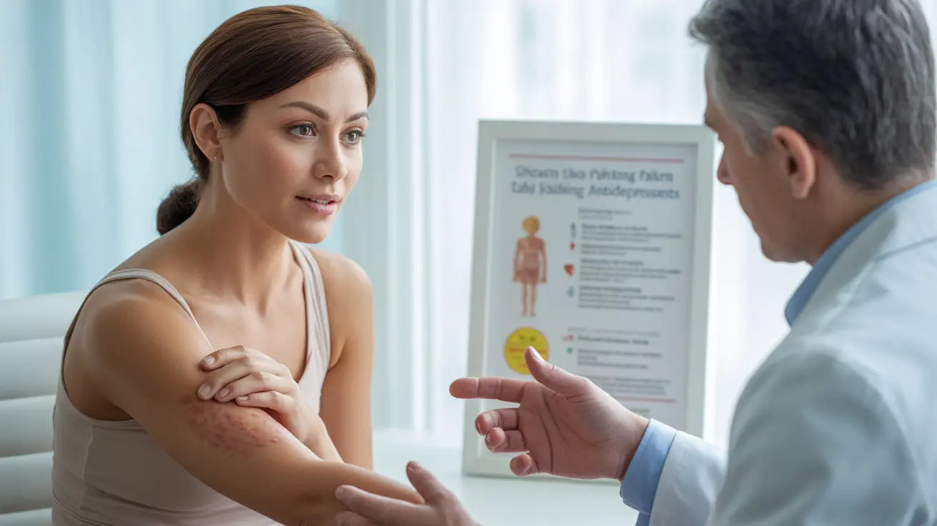 Patient consulting with dermatologist about skincare options related to antidepressant use in clinical office