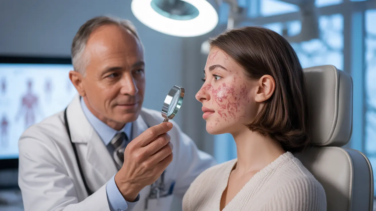 Detailed illustration, dermatologist examining a patient's skin in a clinical setting, focusing on butterfly rash in bright clinical lighting