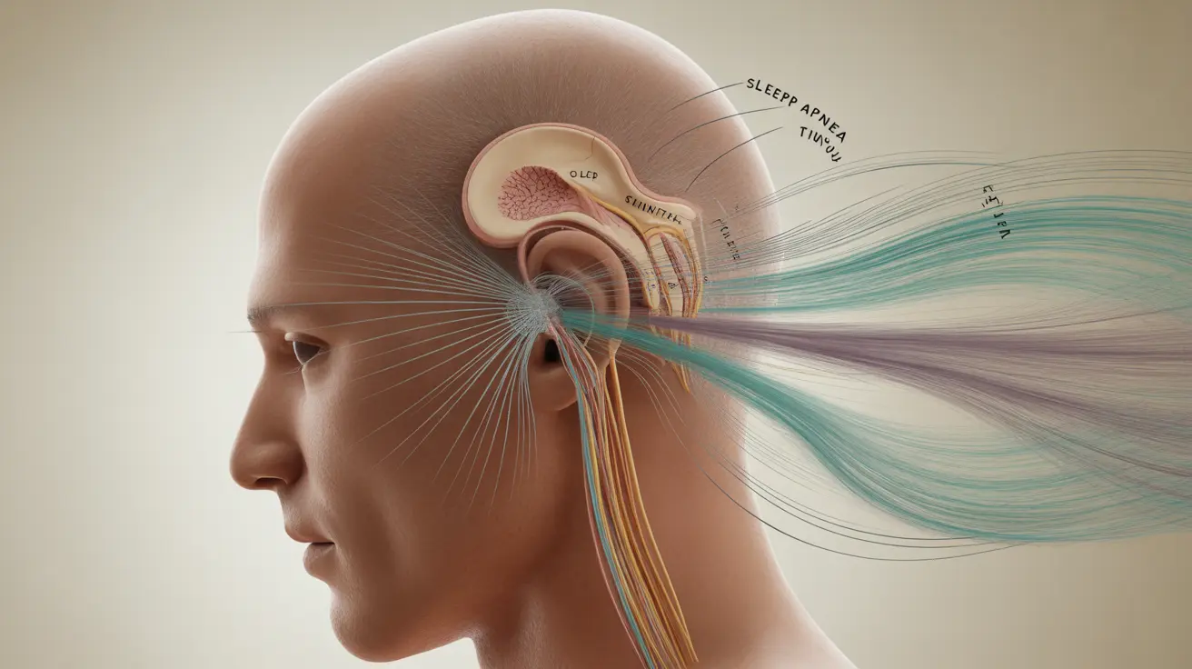 Detailed anatomical illustration of a human head highlighting the inner ear and auditory system, with symbols representing sleep apnea's impact on tinnitus