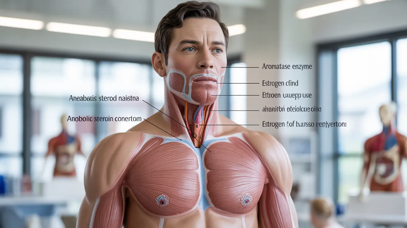 Detailed anatomical illustration of a male chest showing gynecomastia, highlighting hormonal pathways in an educational environment with clear annotations.