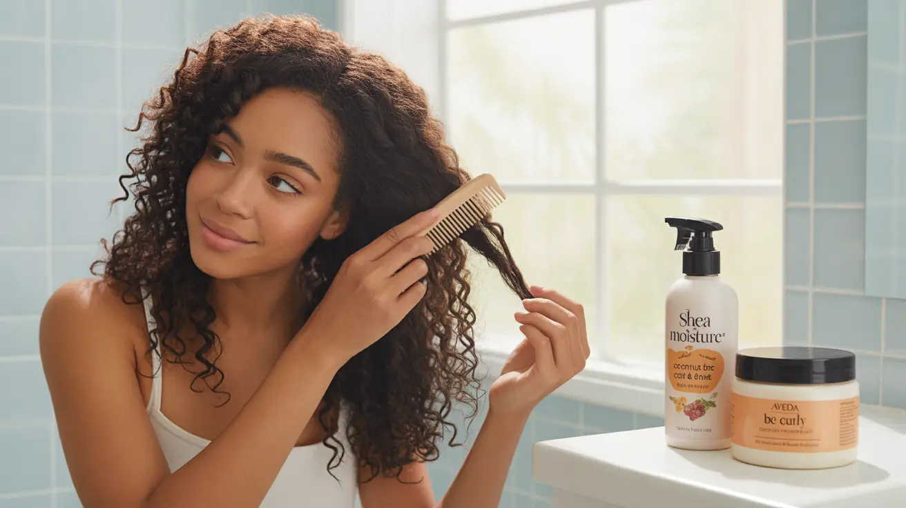 Detailed illustration of a person gently detangling their curly hair using a wide-toothed comb in a bright bathroom setting.
