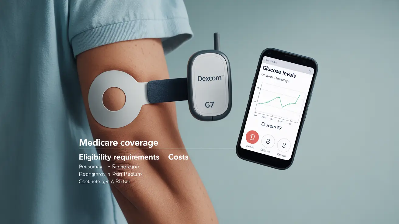 Infographic of Dexcom G7 with components like sensors and transmitters, showing Medicare coverage details and eligibility on a neutral background