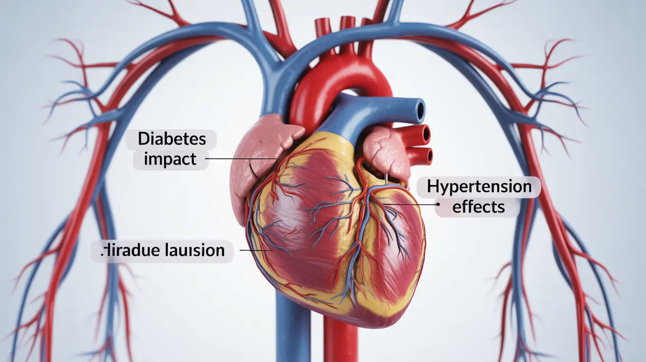 Illustration of a human heart and blood vessels with annotations on diabetes and high blood pressure effects, bright and educational