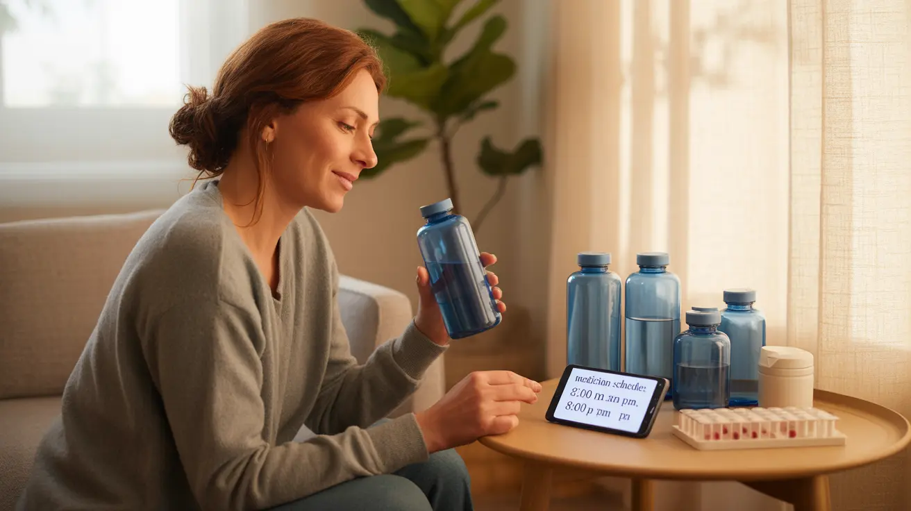 Person in living room holding a water bottle, checking medication schedule on smartphone, with water bottles and pill organizer on table.
