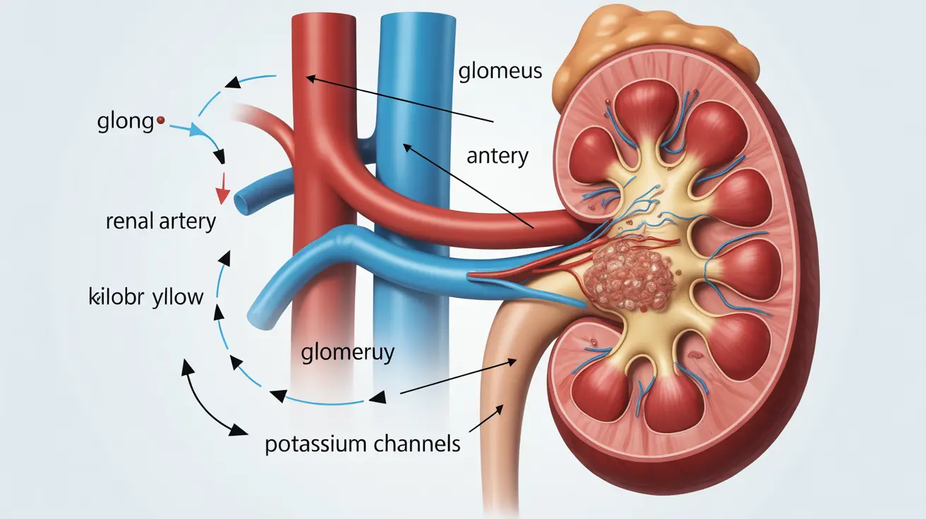 Diagram illustrating diabetes impact on kidney function and potassium regulation, labeled kidneys and blood vessels on white background.