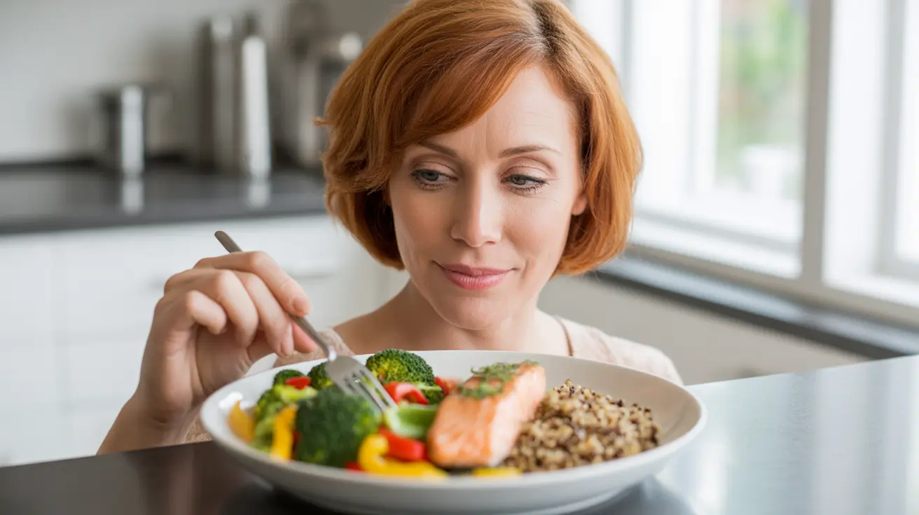Close-up of a diabetic person's meal in a modern kitchen, plate arranged using portion control with non-starchy vegetables, lean protein, and complex carbohydrates, under natural daylight