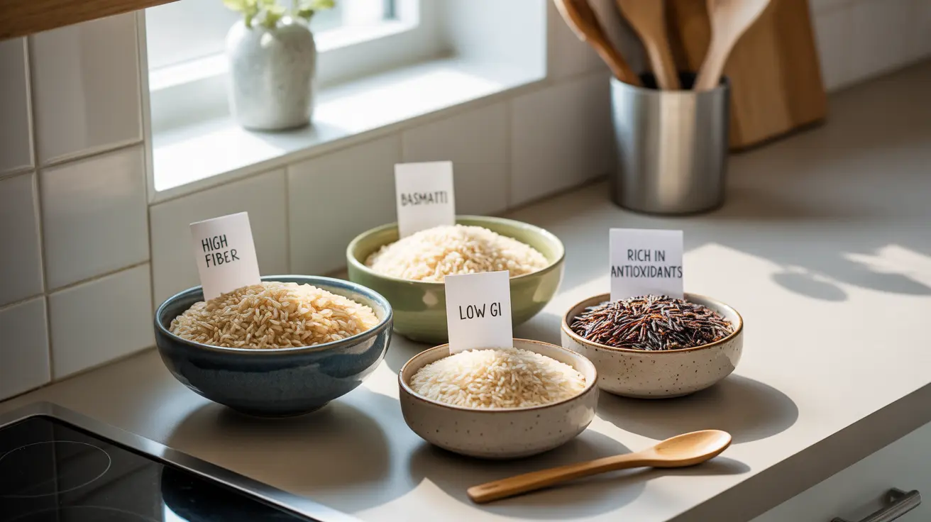 Close-up of different rice types like brown and basmati in bowls on a kitchen counter, labeled 'High Fiber', 'Low GI'.