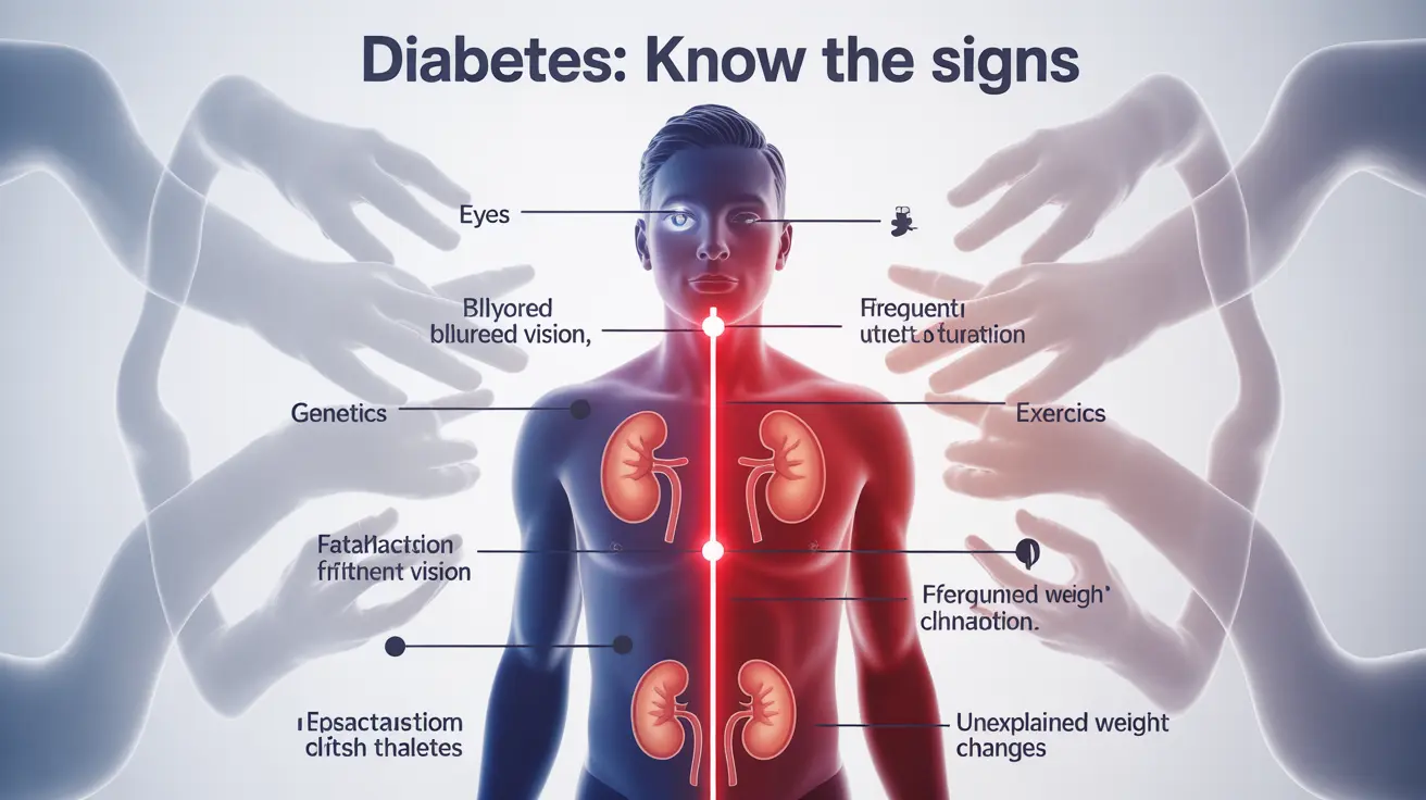 Infographic illustrating diabetes symptoms and risk factors, highlighting increased thirst, frequent urination, weight changes, and blurred vision in a clean white and blue design