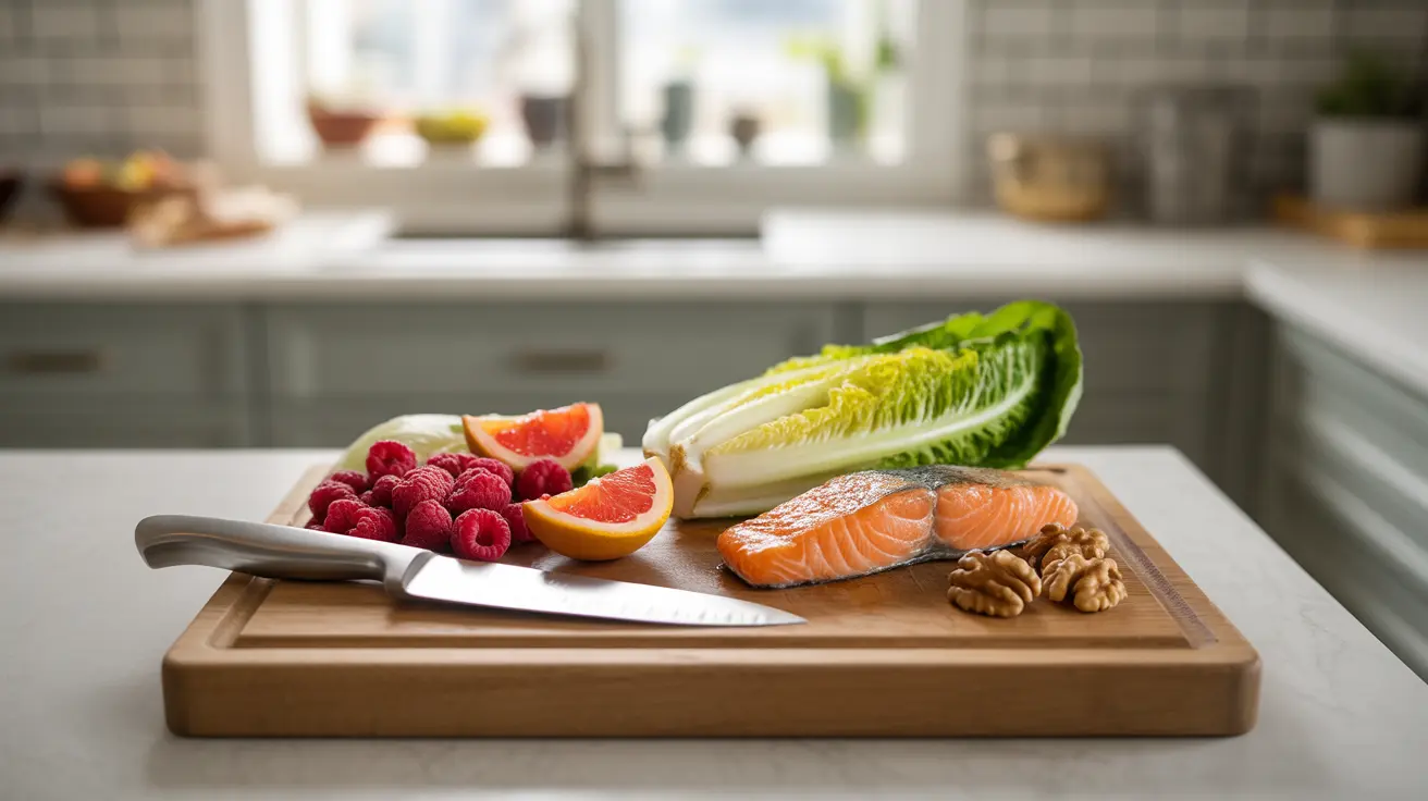 Well-organized kitchen counter with fresh produce, fruits, lean proteins, whole grains, and healthy fats creating a vibrant, health-focused display