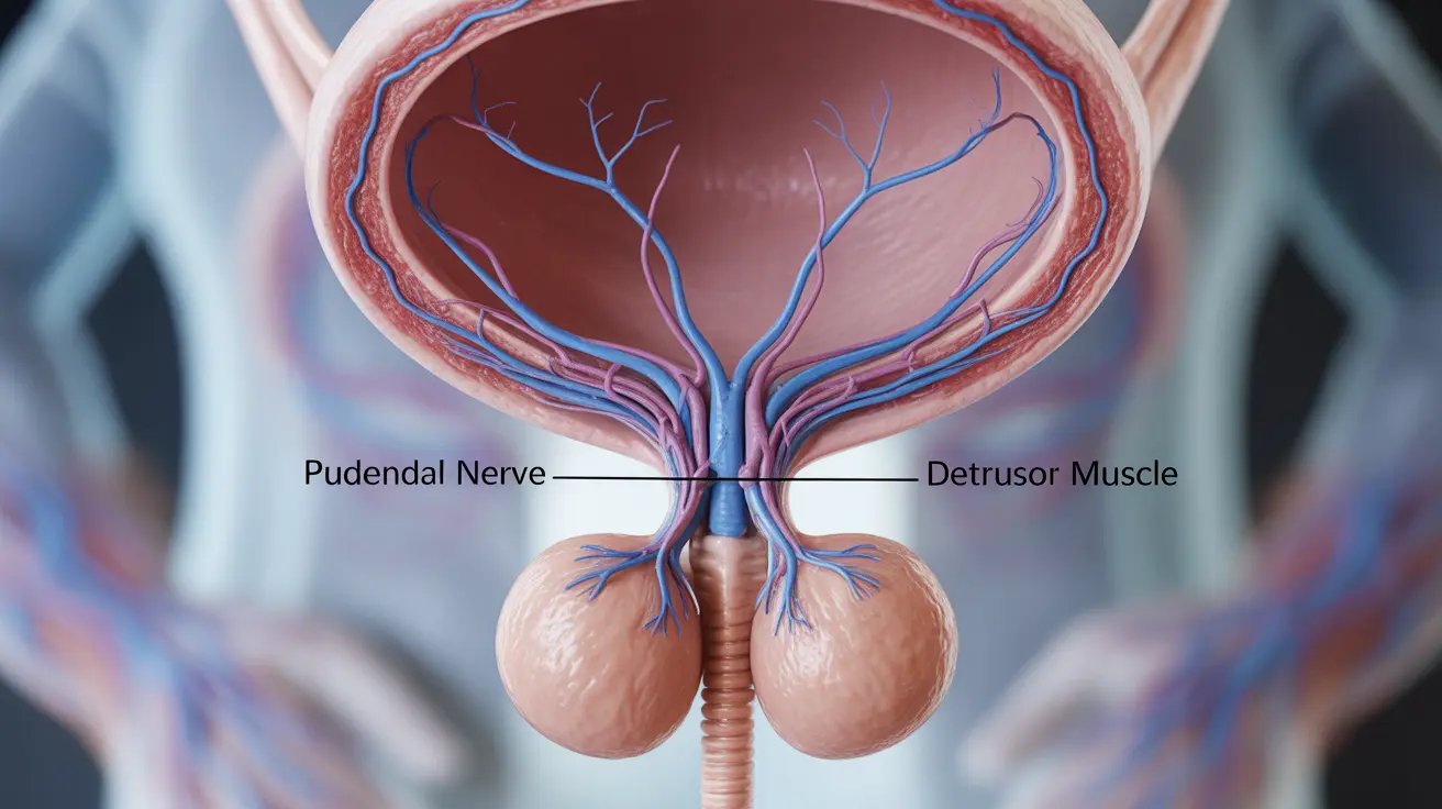 Detailed illustration showing nerve pathways to bladder affected by diabetic neuropathy with labeled nerves and bladder components, bright lighting