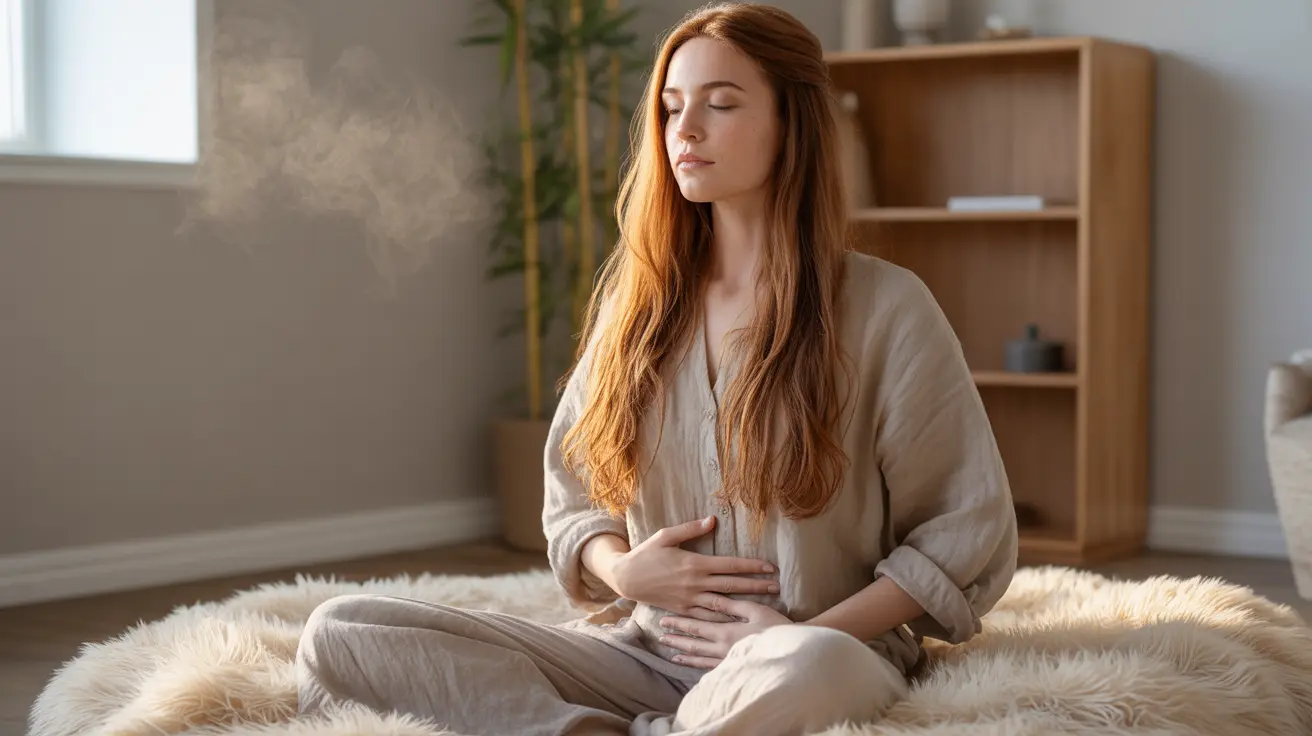 Detailed illustration of a person sitting comfortably with legs crossed, one hand on their belly and the other on their chest, practicing diaphragmatic breathing in a calm indoor space.