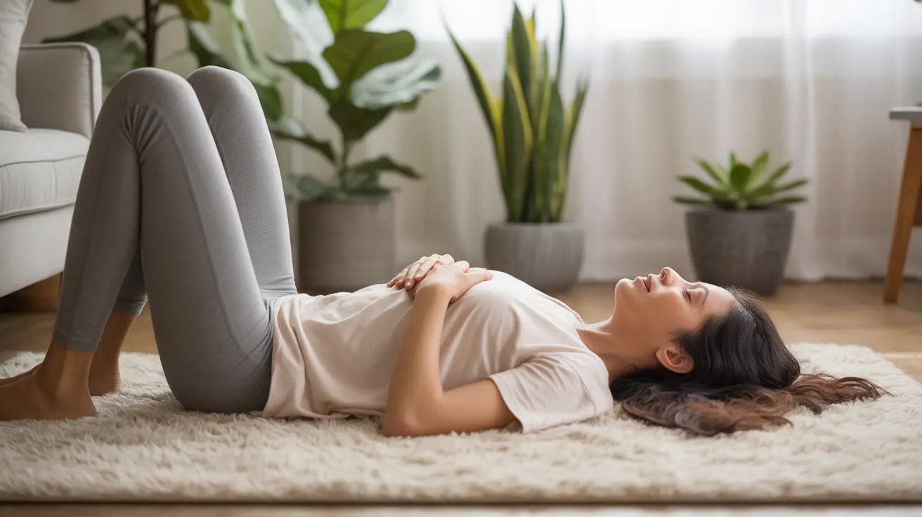 Detailed illustration of a person lying on a soft mat demonstrating diaphragmatic breathing technique with one hand on the chest and one on the belly in a serene living room