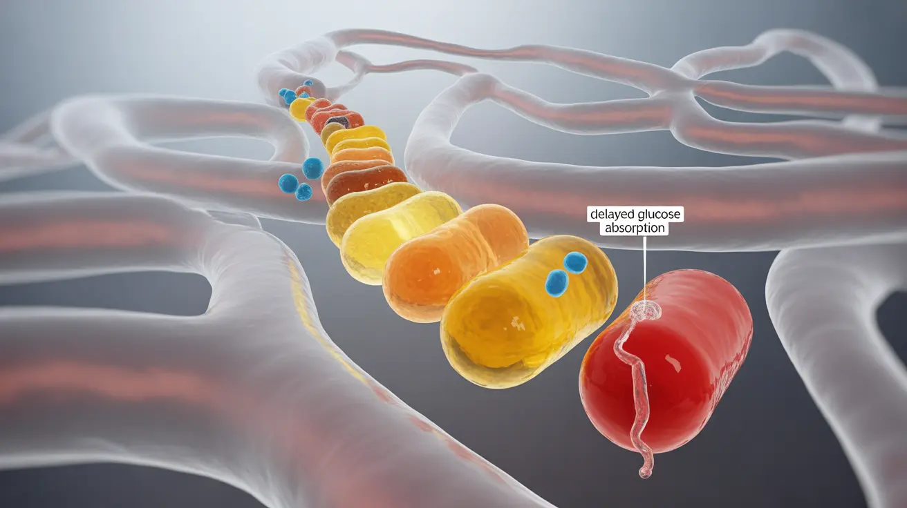 Illustration showing dietary fat impact on blood sugar, detailing delayed digestion, insulin response, with labeled fat types, glucose, insulin, on abstract metabolic background.