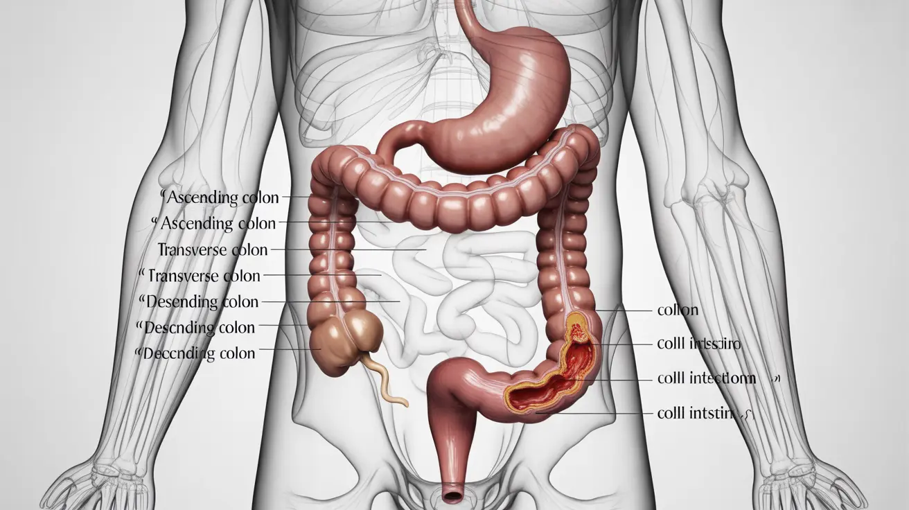 Detailed illustration of human digestive system highlighting colon, showing sources of painless bleeding in the digestive tract, educational diagram