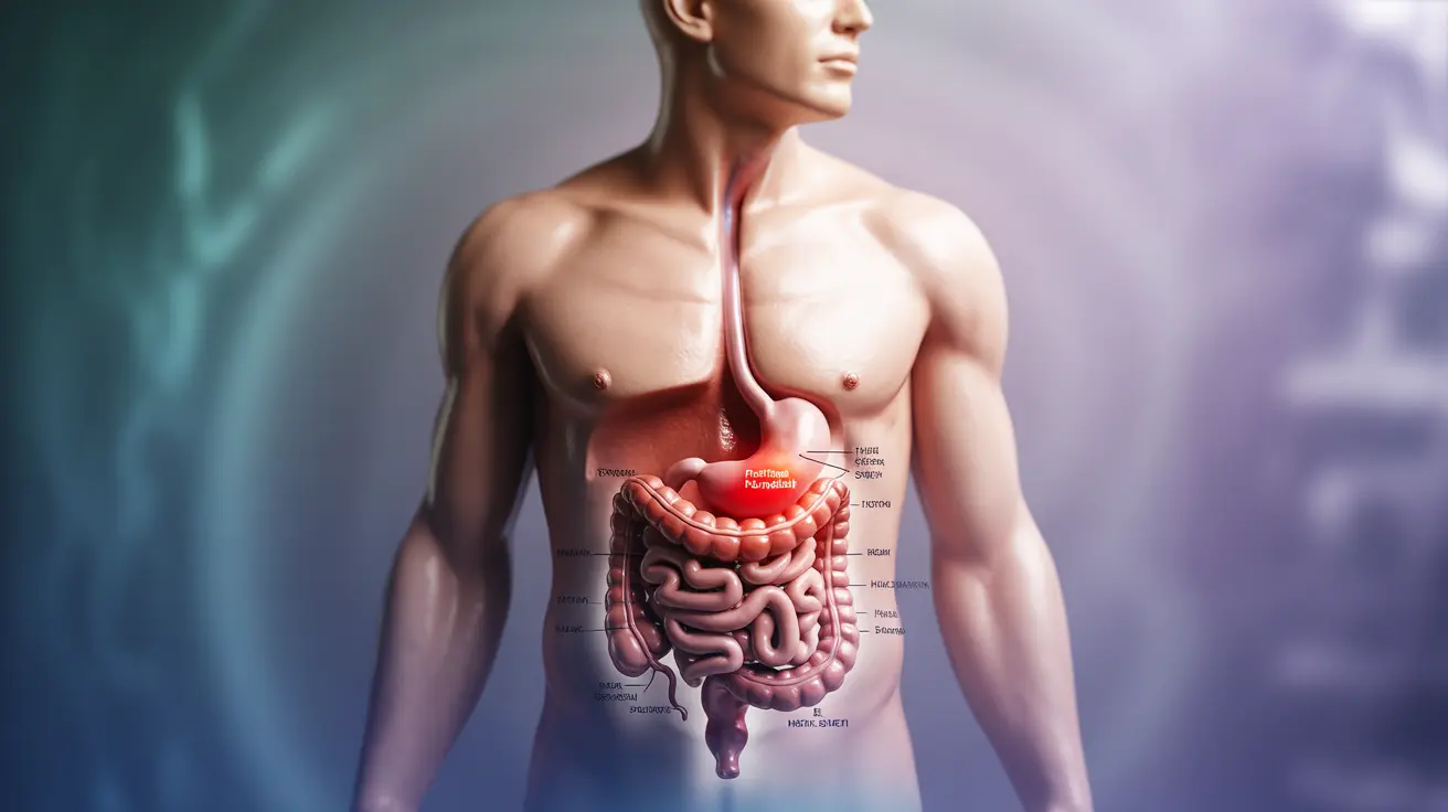 Anatomical illustration of human digestive system highlighting intestines and stomach linked to post-infectious IBS, with medical gradient background.