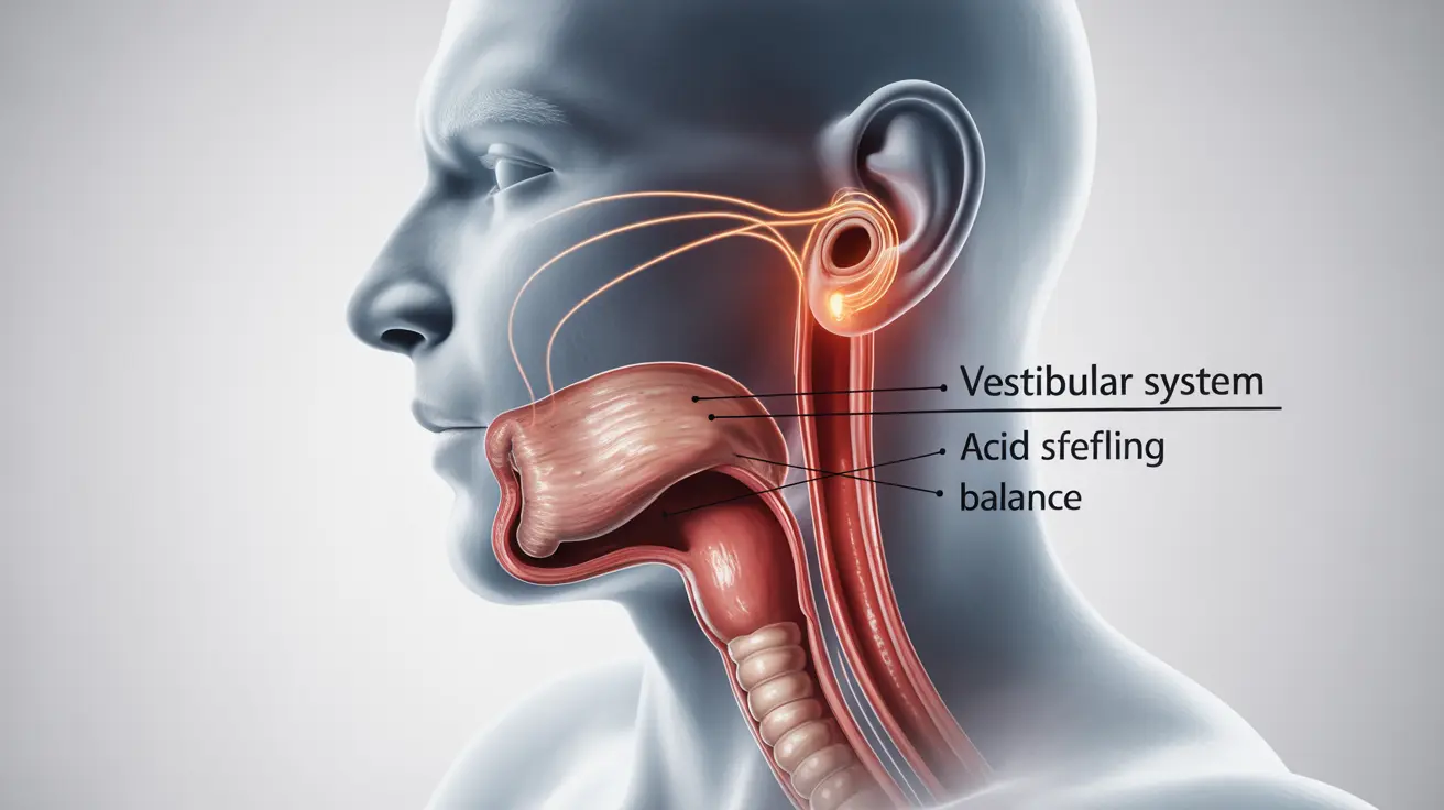 Detailed illustration showing the interconnectedness of the digestive system and inner ear, highlighting areas affected by acid reflux.